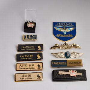 Customised Name Tag, pin and logos